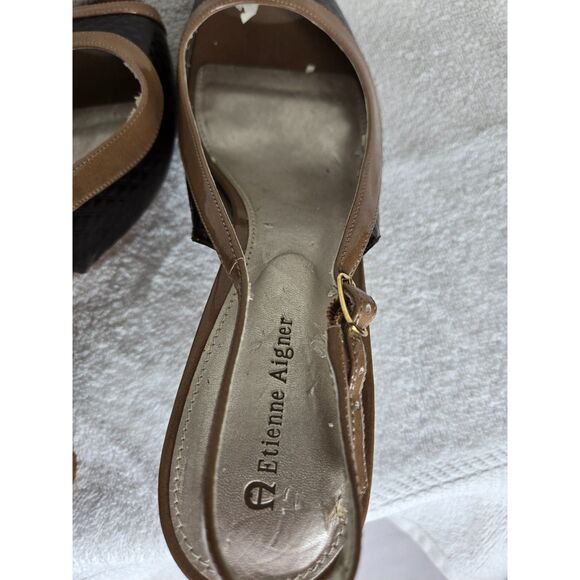 Etienne Aigner Vintage Womens Kitten Heels Size 11 Brown Tan Peep Toe Sling Back - Picture 5 of 7